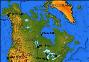 Map of Canada, showing location of Churchill, Manitoba (approximately halfway up the western shore of Hudson Bay)